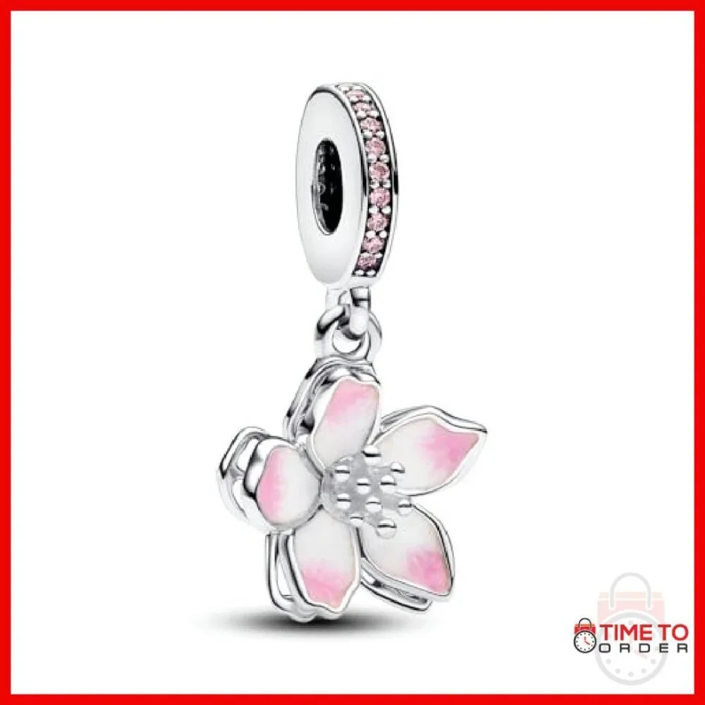 Sterling Silver Cherry Blossom Charm with CZ & Enamel for Bracelet